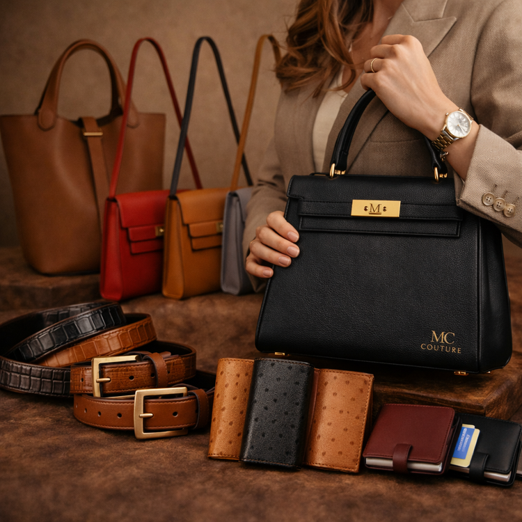 Stijlvolle dame met MC Couture handtas, luxe leer met zichtbare structuur en vakmanschap, elegant accessoire met horloge.