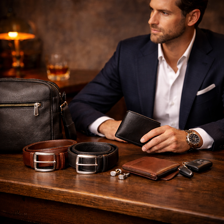 “Luxe herenaccessoires van MC Couture – handgemaakte leren riemen, tassen en portemonnees in een verfijnde klassieke stijl.