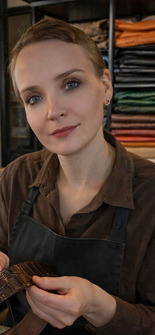 Anne Maaike maakt met de hand een leren riem in het atelier van MC Couture – ambacht, kwaliteit en vakmanschap