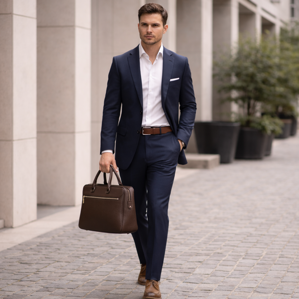 Stijlvolle man met handgemaakte leren riem en portemonnee uit de herencollectie van MC Couture – tijdloze luxe en ambachtelijk vakmanschap